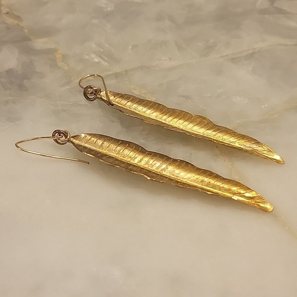 Heather Gardner Boho Gold Sterling Feather Dangle Drop Fairy Romantic Earrings - Picture 11 of 12